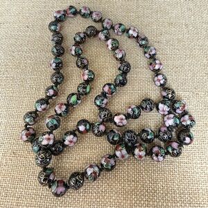 Vintage Chinese Export Cloisonné Beaded Necklace Hand Knotted 28” EUC
